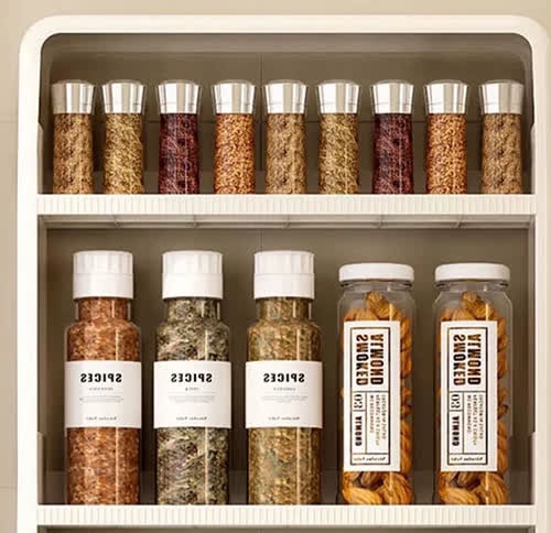 흰 선반 위 칸에 은색 뚜껑의 가는 양념병 9개가 한 줄로 서 있고, 가운데 칸에는 SPICES 라벨이 붙은 병 3개와 아몬드를 담은 유리통 2개가 놓여 있다