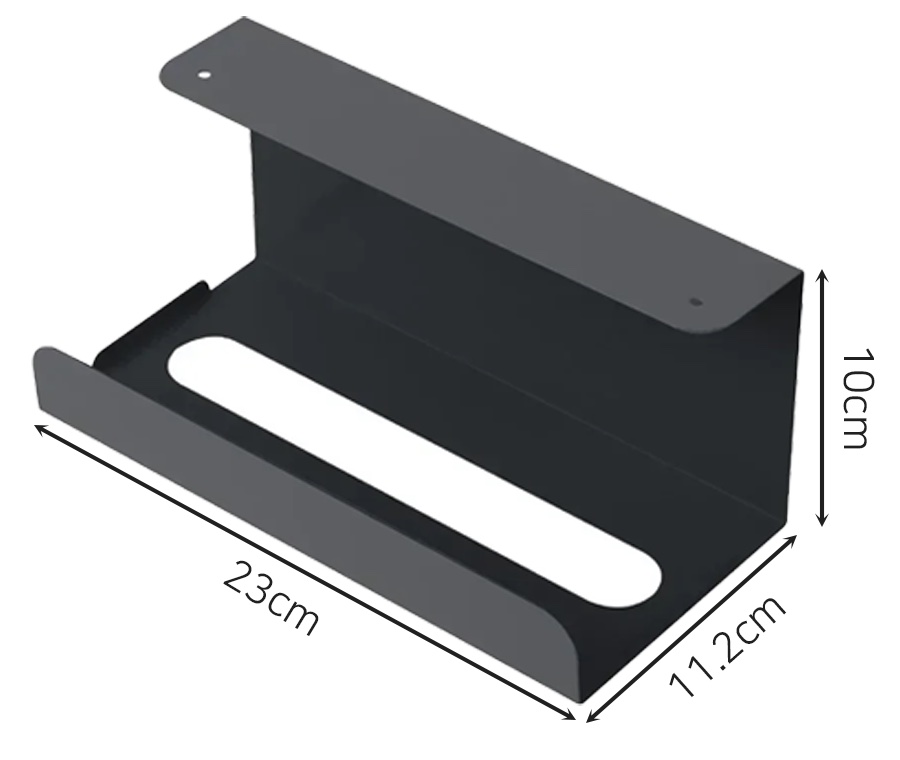 블랙 철재 키친타올 걸이의 크기 도해. 긴 변 23cm, 짧은 변 11.2cm, 세로 10cm가 화살표로 표시돼 있다