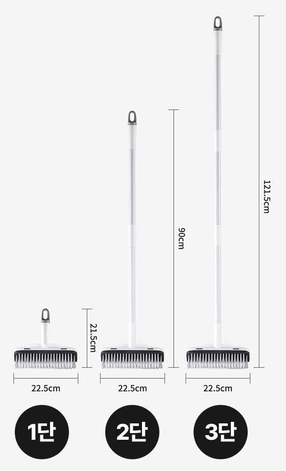 1단 21.5cm, 2단 90cm, 3단 121.5cm로 길이가 다른 청소솔 세 개를 나란히 세우고 길이와 헤드 폭 22.5cm를 표시한 도해