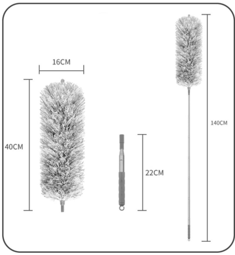 먼지털이 헤드 가로 16cm 세로 40cm, 접은 손잡이 22cm, 늘린 전체 140cm를 나란히 보여 주는 흑백 치수 도면