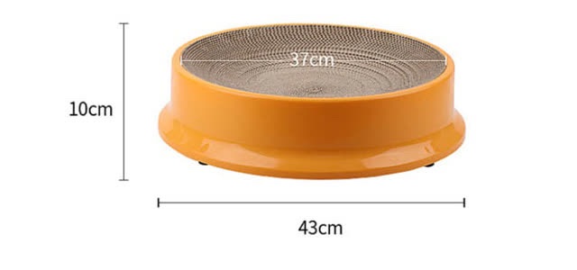 주황색 원형 통의 크기 도면으로 왼쪽 세로선에 10cm, 골판지 면 위 가로선에 37cm, 아래쪽 가로선에 43cm가 표시돼 있다