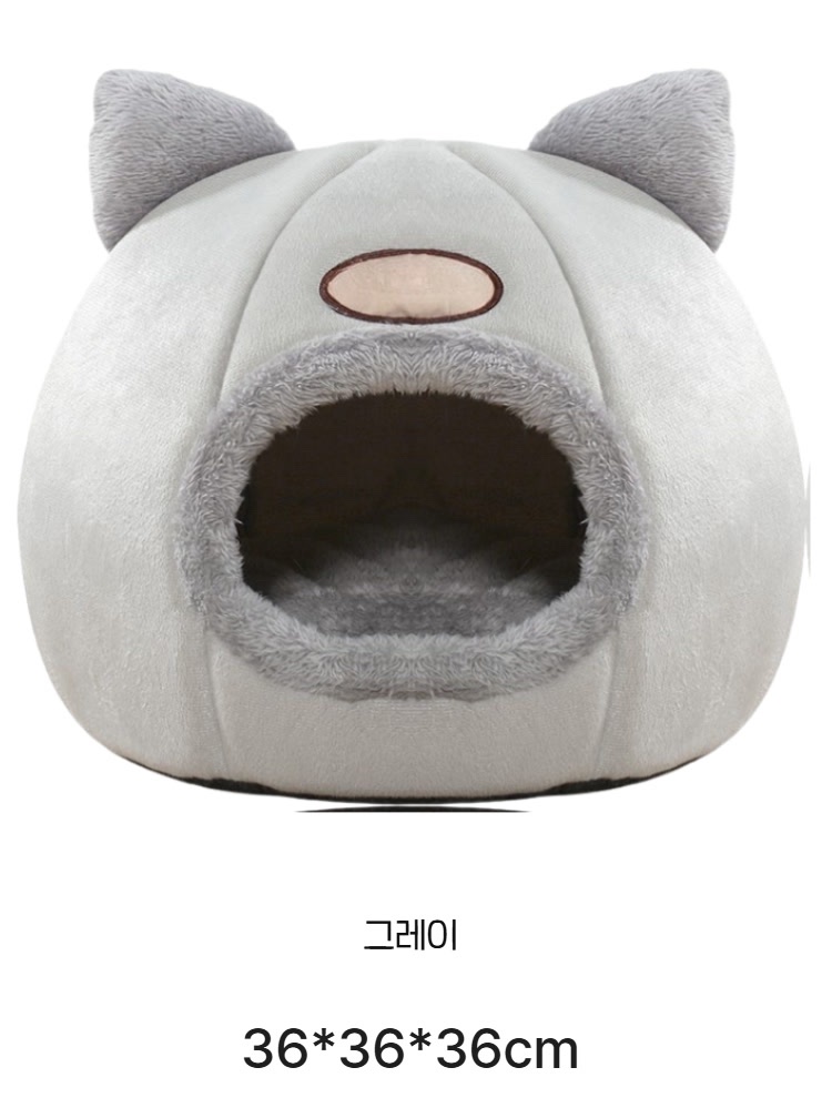 흰 배경에 놓인 회색 귀 달린 하우스의 정면 사진과 그레이, 36*36*36cm로 적힌 색상·크기 표기