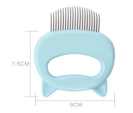 연한 푸른색 귀 모양 브러쉬의 크기 도면으로, 왼쪽 세로선에 7.5CM, 아래쪽 가로선에 9CM가 적혀 있고 손잡이 위쪽에는 회색 빗살이 한 줄로 달려 있다