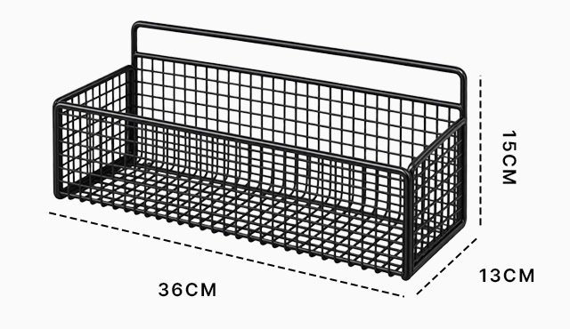 검은색 철망 바구니 도면. 긴 변 36cm, 짧은 변 13cm, 위아래 15cm가 점선으로 표시돼 있고 뒤쪽 틀이 앞·옆면보다 위로 솟아 있다