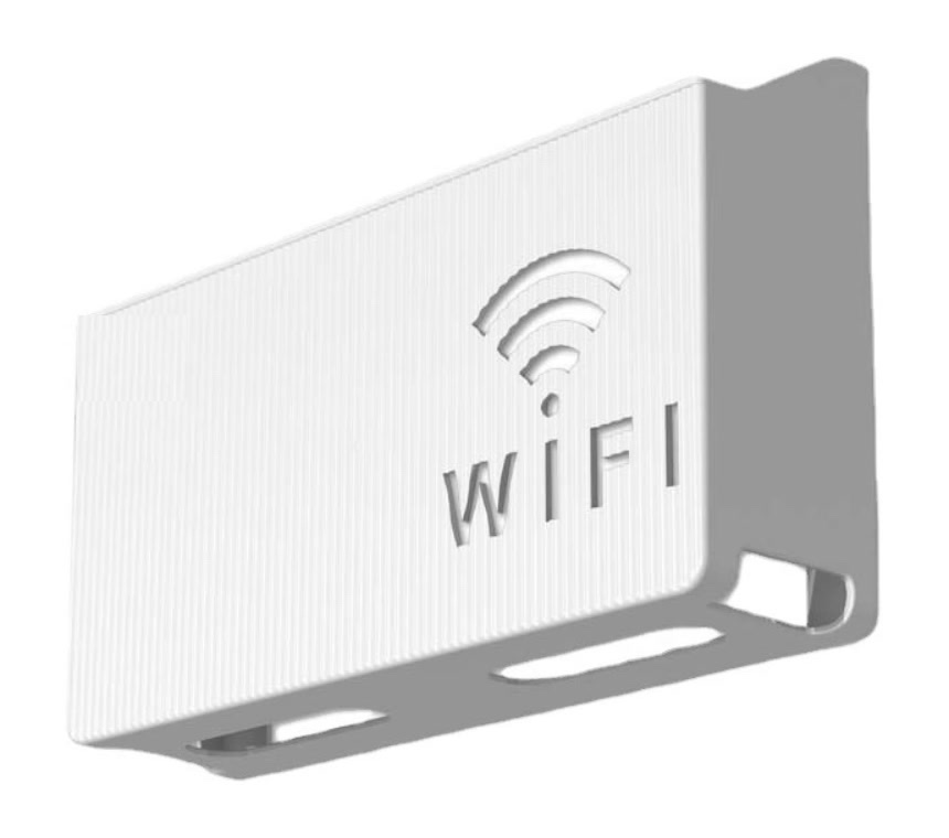 흰색 공유기 정리함을 아래쪽에서 비스듬히 본 모습으로, 앞면에 세로 줄무늬와 WIFI 모양이 뚫려 있고 아래쪽에 길쭉한 구멍이 보인다
